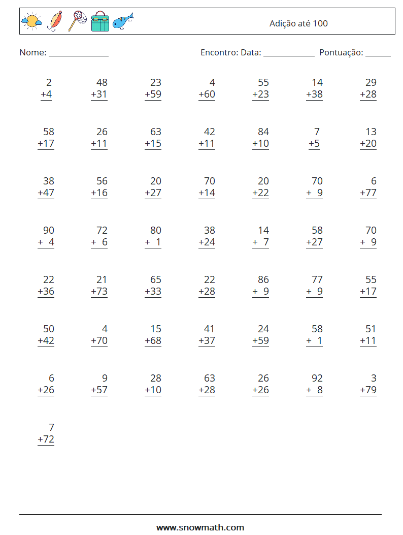 (50) Adição até 100 planilhas matemáticas 3