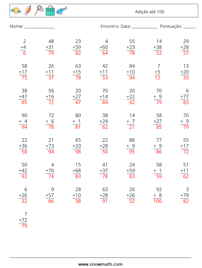 (50) Adição até 100 planilhas matemáticas 3 Pergunta, Resposta