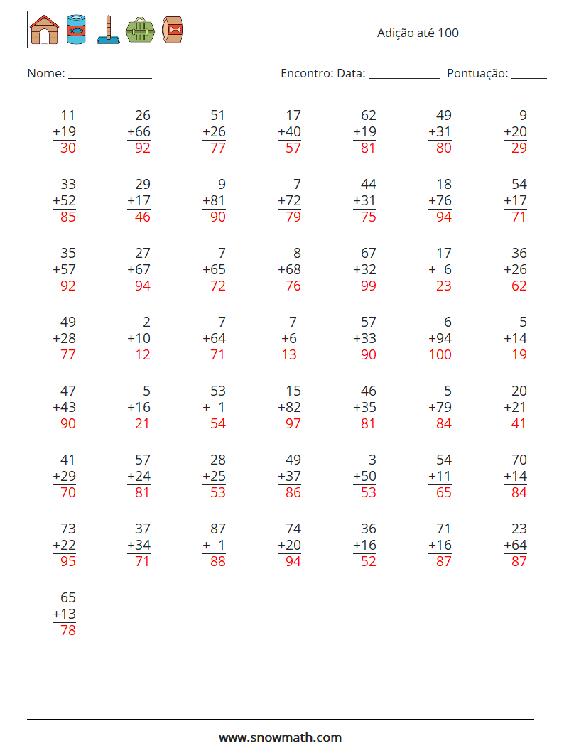 (50) Adição até 100 planilhas matemáticas 4 Pergunta, Resposta