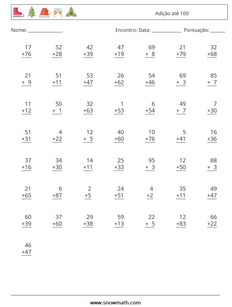 (50) Adição até 100 planilhas matemáticas 5