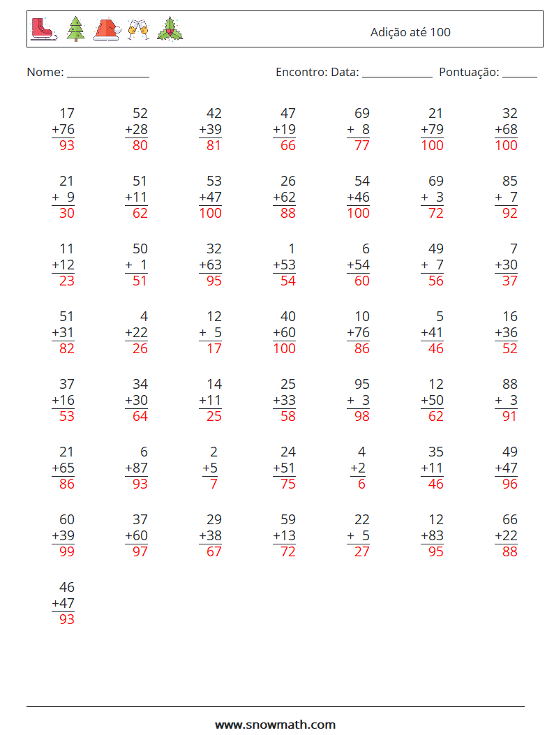 (50) Adição até 100 planilhas matemáticas 5 Pergunta, Resposta