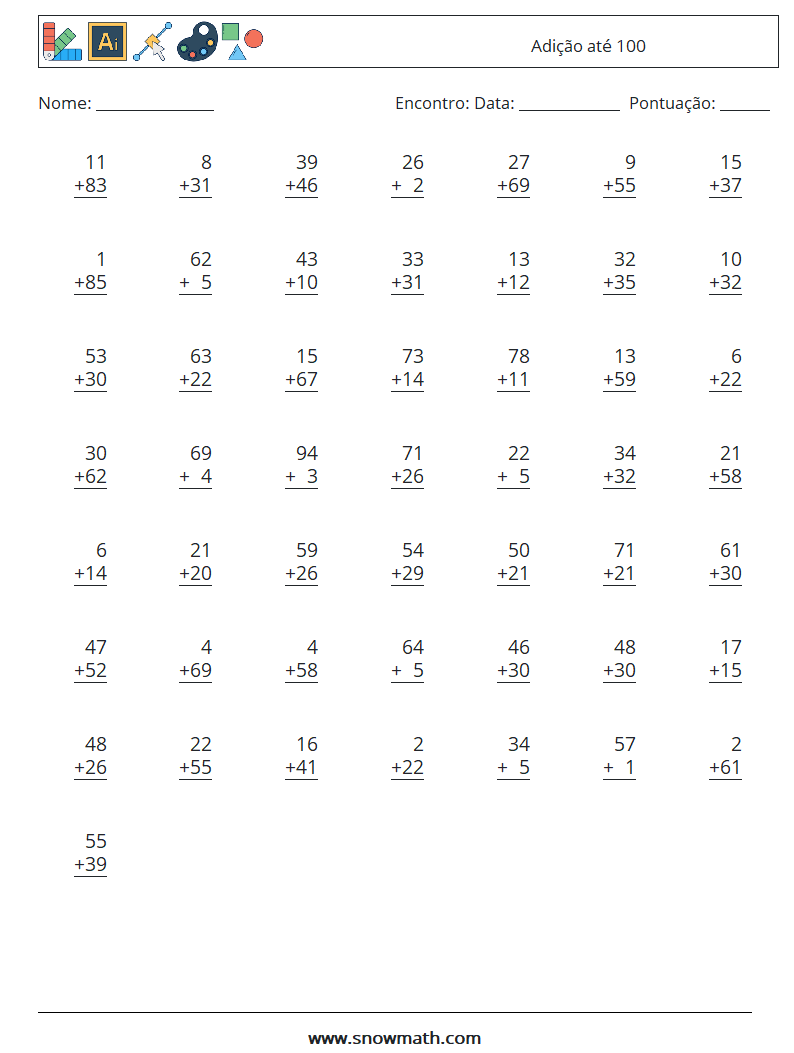 (50) Adição até 100 planilhas matemáticas 6