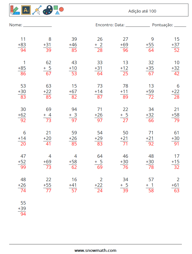 (50) Adição até 100 planilhas matemáticas 6 Pergunta, Resposta