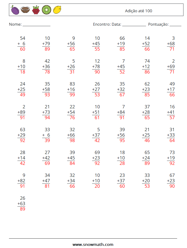 (50) Adição até 100 planilhas matemáticas 7 Pergunta, Resposta