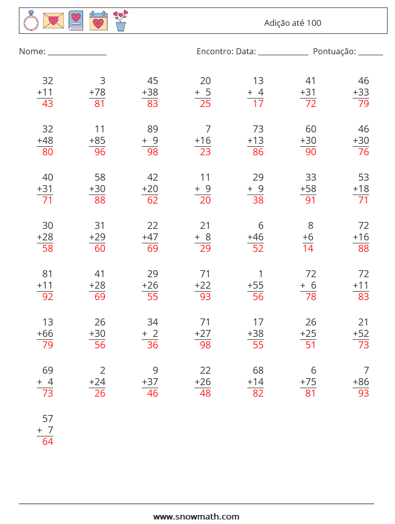 (50) Adição até 100 planilhas matemáticas 8 Pergunta, Resposta