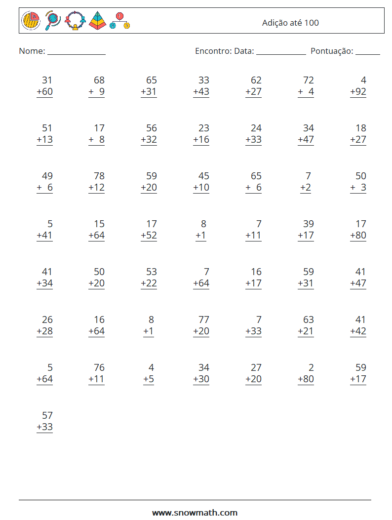 (50) Adição até 100 planilhas matemáticas 9