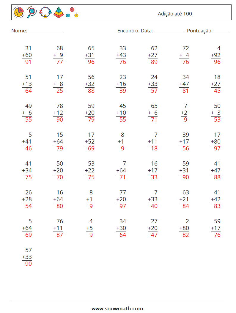 (50) Adição até 100 planilhas matemáticas 9 Pergunta, Resposta