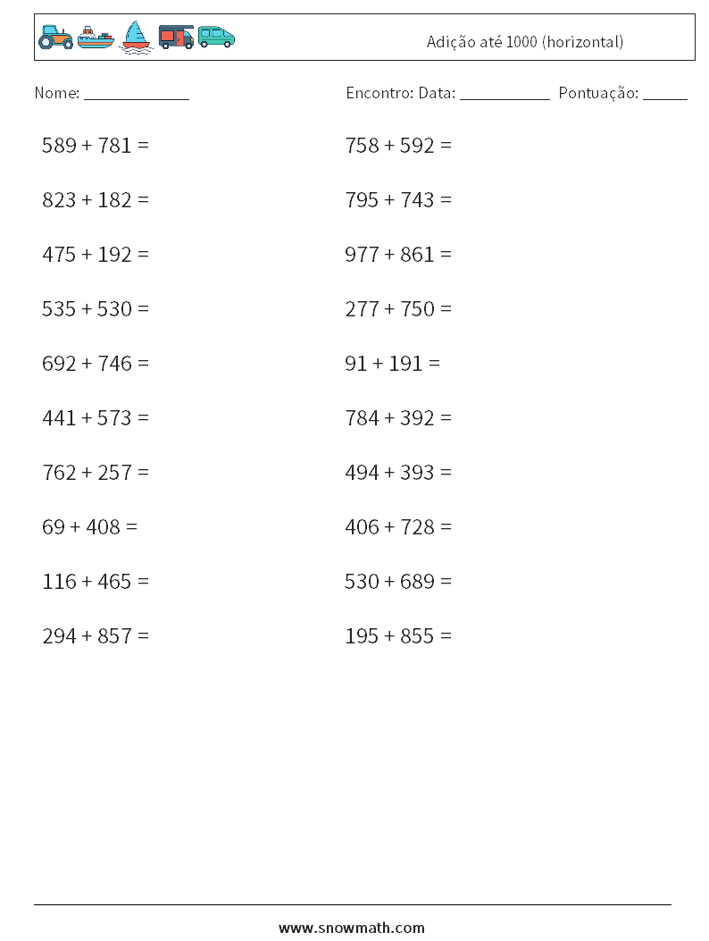 (20) Adição até 1000 (horizontal) planilhas matemáticas 1