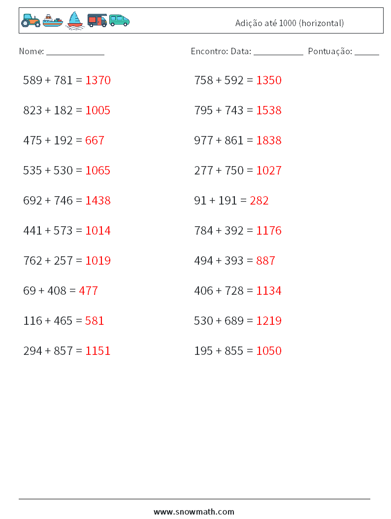 (20) Adição até 1000 (horizontal) planilhas matemáticas 1 Pergunta, Resposta