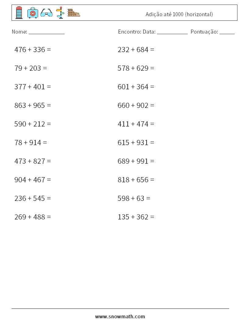 (20) Adição até 1000 (horizontal) planilhas matemáticas 2