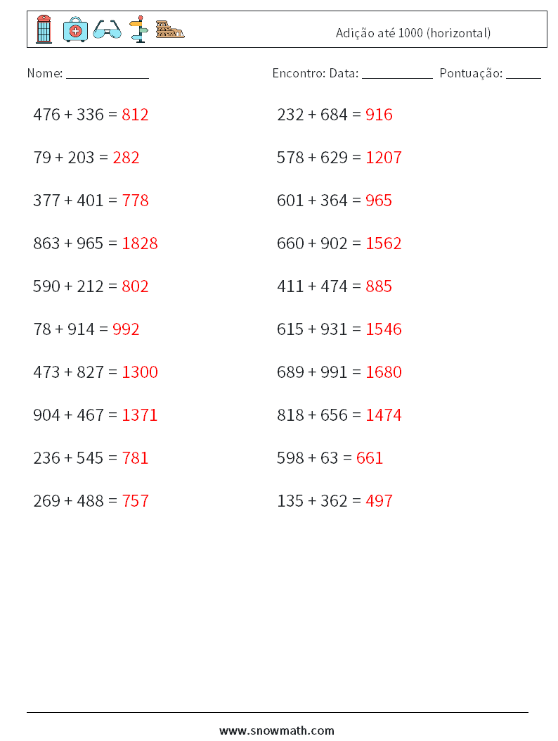 (20) Adição até 1000 (horizontal) planilhas matemáticas 2 Pergunta, Resposta