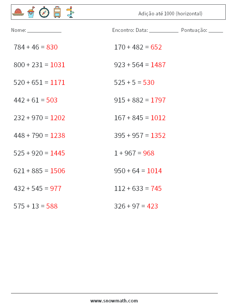 (20) Adição até 1000 (horizontal) planilhas matemáticas 3 Pergunta, Resposta