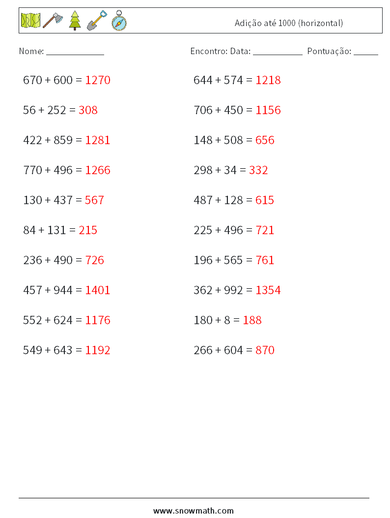 (20) Adição até 1000 (horizontal) planilhas matemáticas 4 Pergunta, Resposta