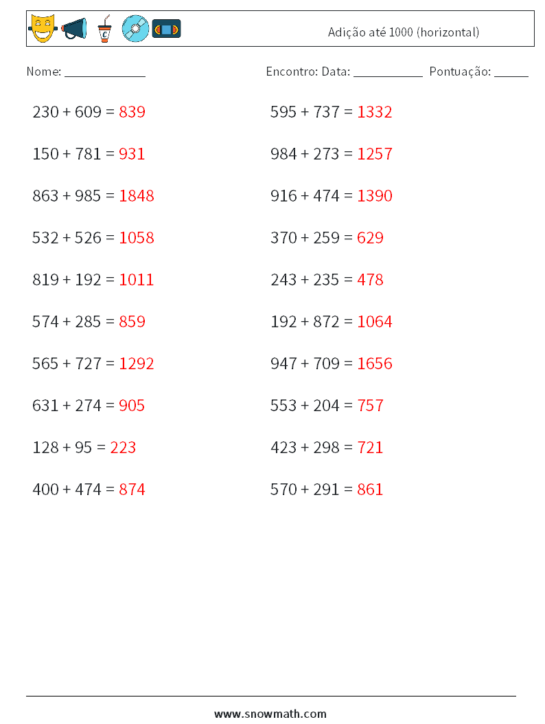 (20) Adição até 1000 (horizontal) planilhas matemáticas 5 Pergunta, Resposta