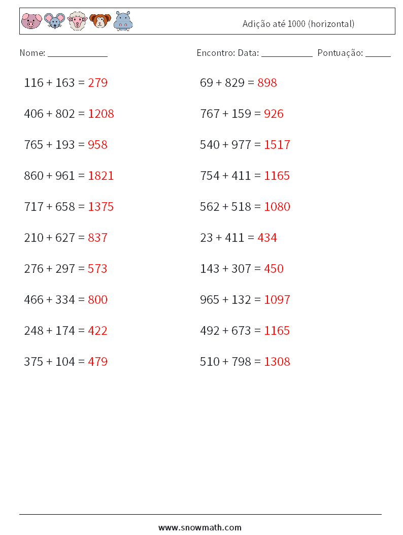 (20) Adição até 1000 (horizontal) planilhas matemáticas 6 Pergunta, Resposta