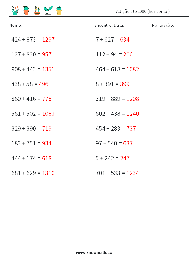 (20) Adição até 1000 (horizontal) planilhas matemáticas 7 Pergunta, Resposta