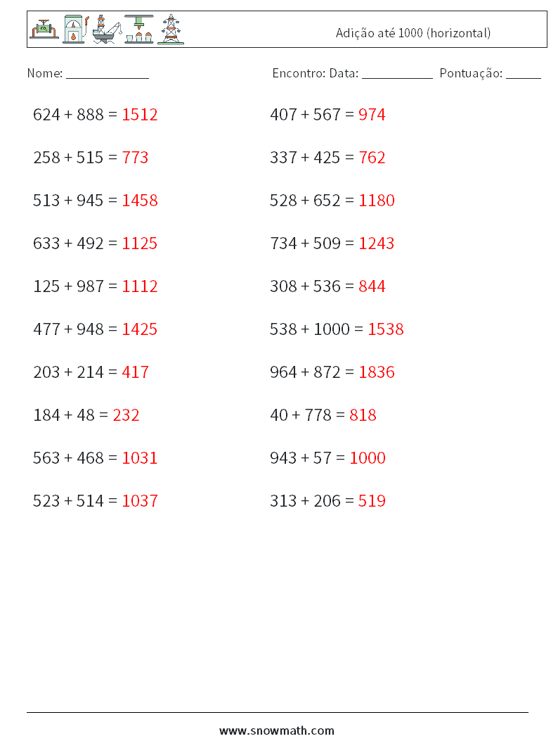 (20) Adição até 1000 (horizontal) planilhas matemáticas 8 Pergunta, Resposta