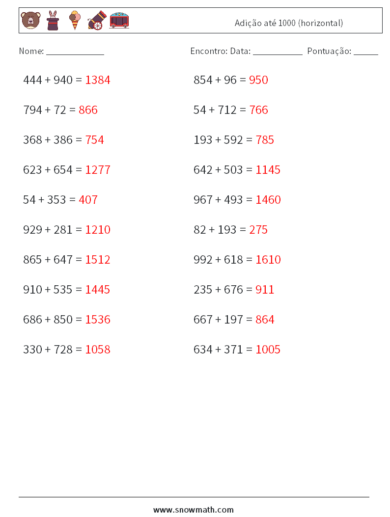 (20) Adição até 1000 (horizontal) planilhas matemáticas 9 Pergunta, Resposta