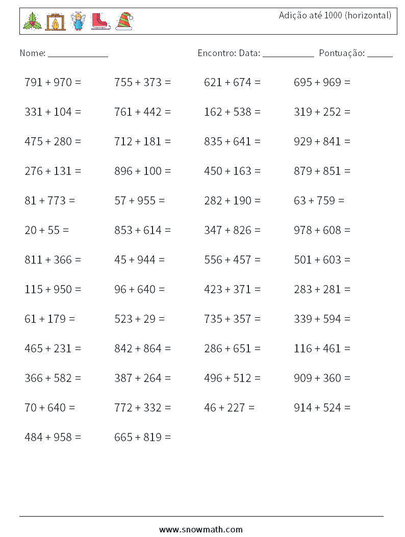 (50) Adição até 1000 (horizontal) planilhas matemáticas 1