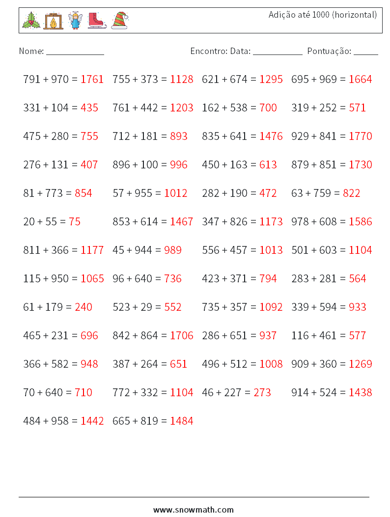 (50) Adição até 1000 (horizontal) planilhas matemáticas 1 Pergunta, Resposta