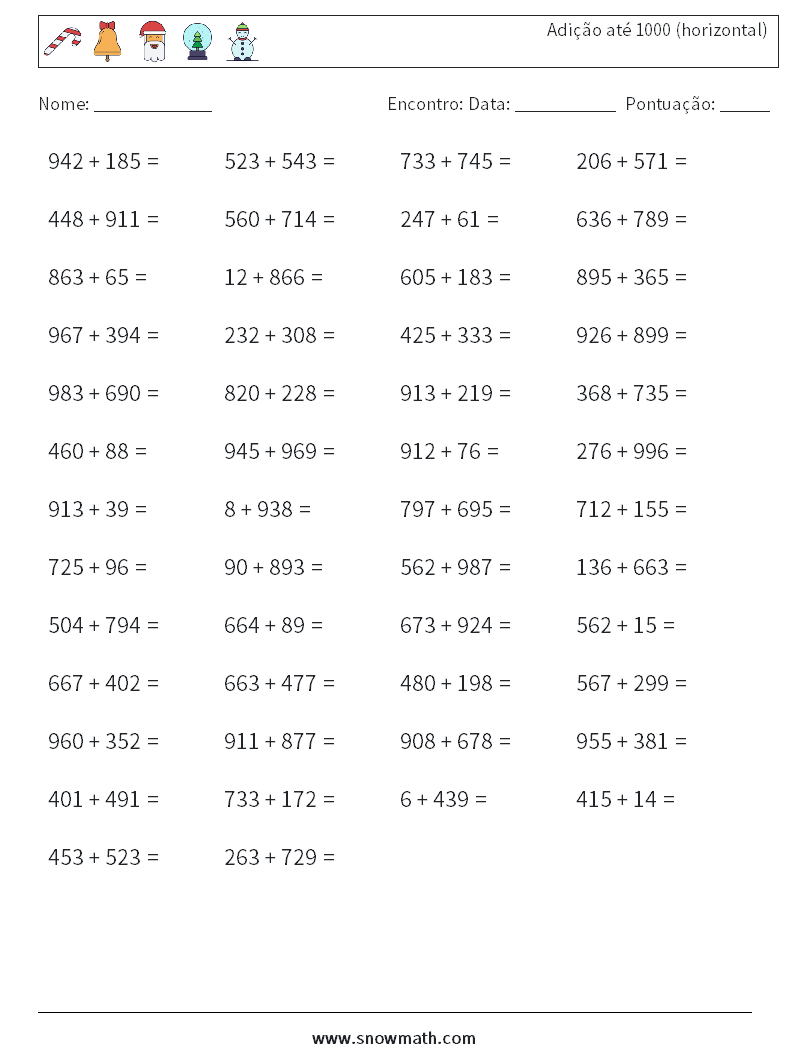 (50) Adição até 1000 (horizontal) planilhas matemáticas 4