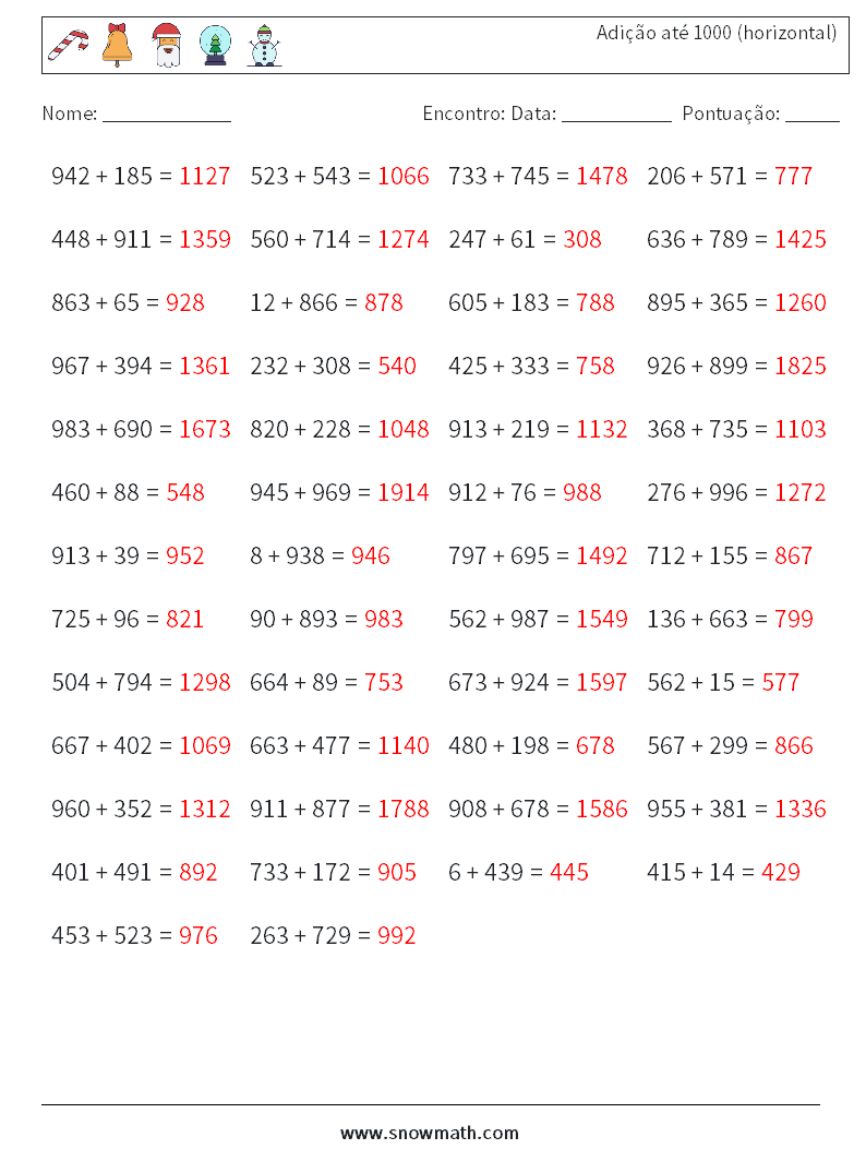 (50) Adição até 1000 (horizontal) planilhas matemáticas 4 Pergunta, Resposta