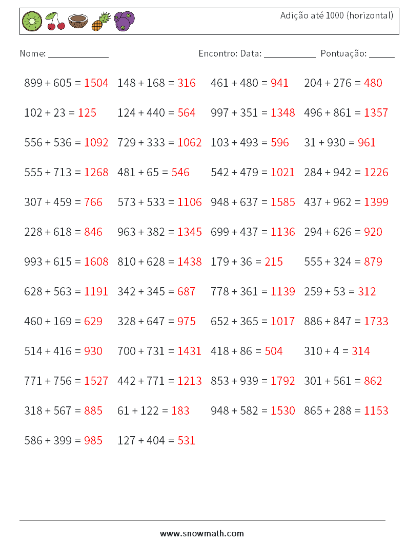 (50) Adição até 1000 (horizontal) planilhas matemáticas 5 Pergunta, Resposta