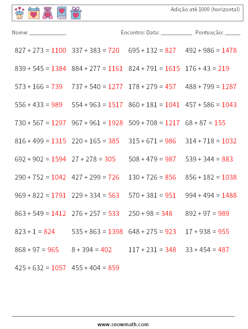 (50) Adição até 1000 (horizontal) planilhas matemáticas 7 Pergunta, Resposta