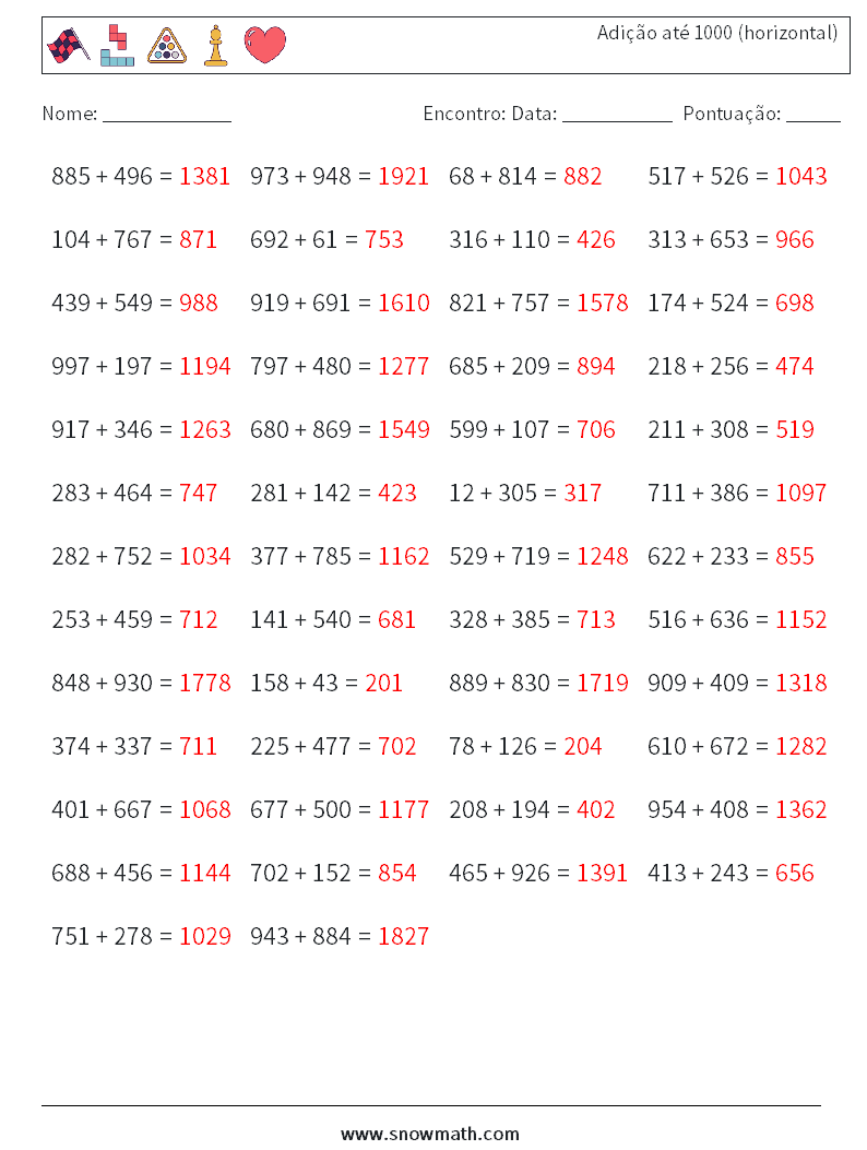 (50) Adição até 1000 (horizontal) planilhas matemáticas 8 Pergunta, Resposta