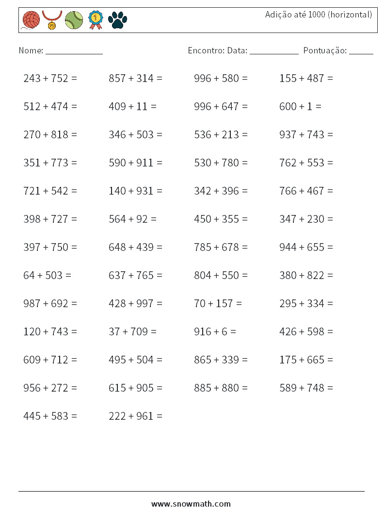 (50) Adição até 1000 (horizontal) planilhas matemáticas 9