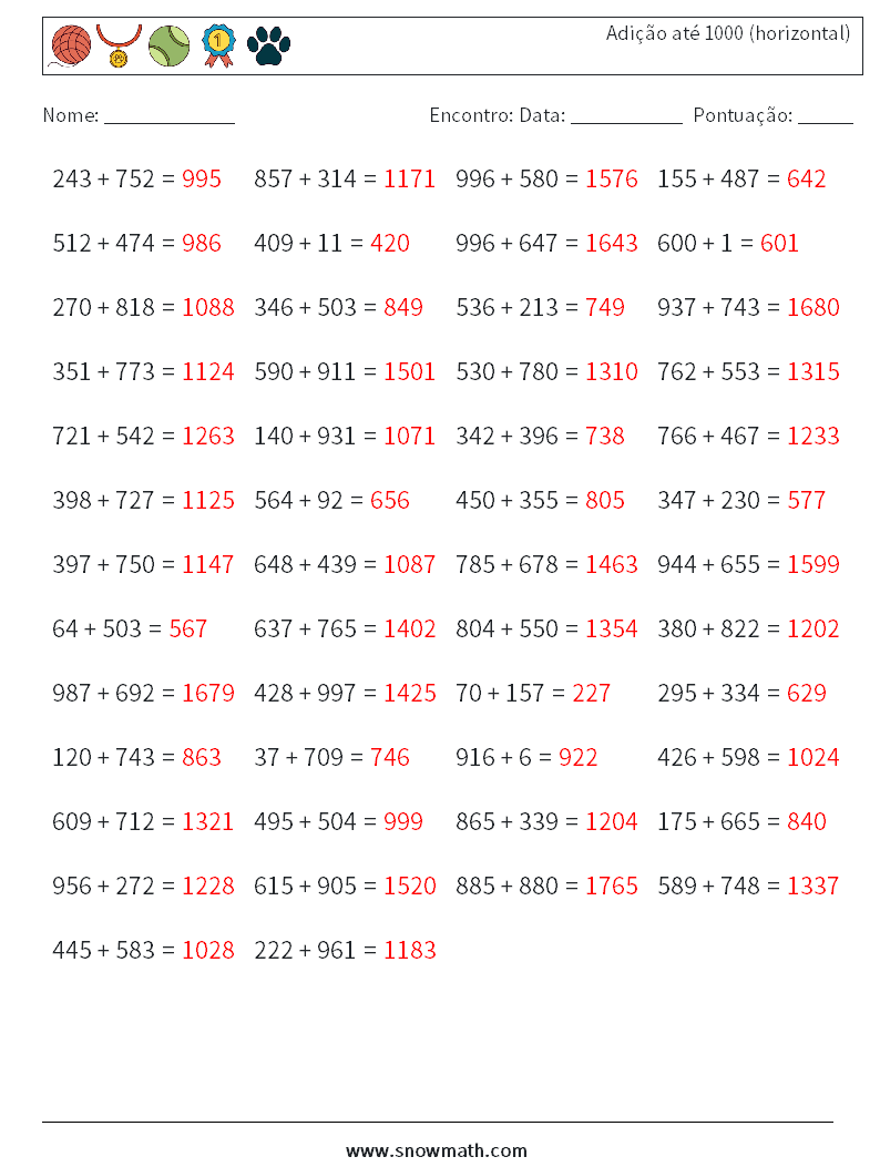 (50) Adição até 1000 (horizontal) planilhas matemáticas 9 Pergunta, Resposta