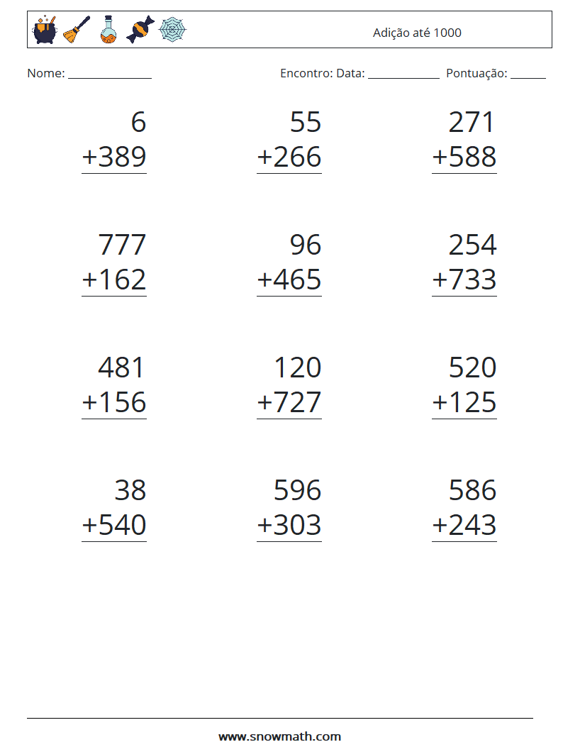 (12) Adição até 1000 planilhas matemáticas 1