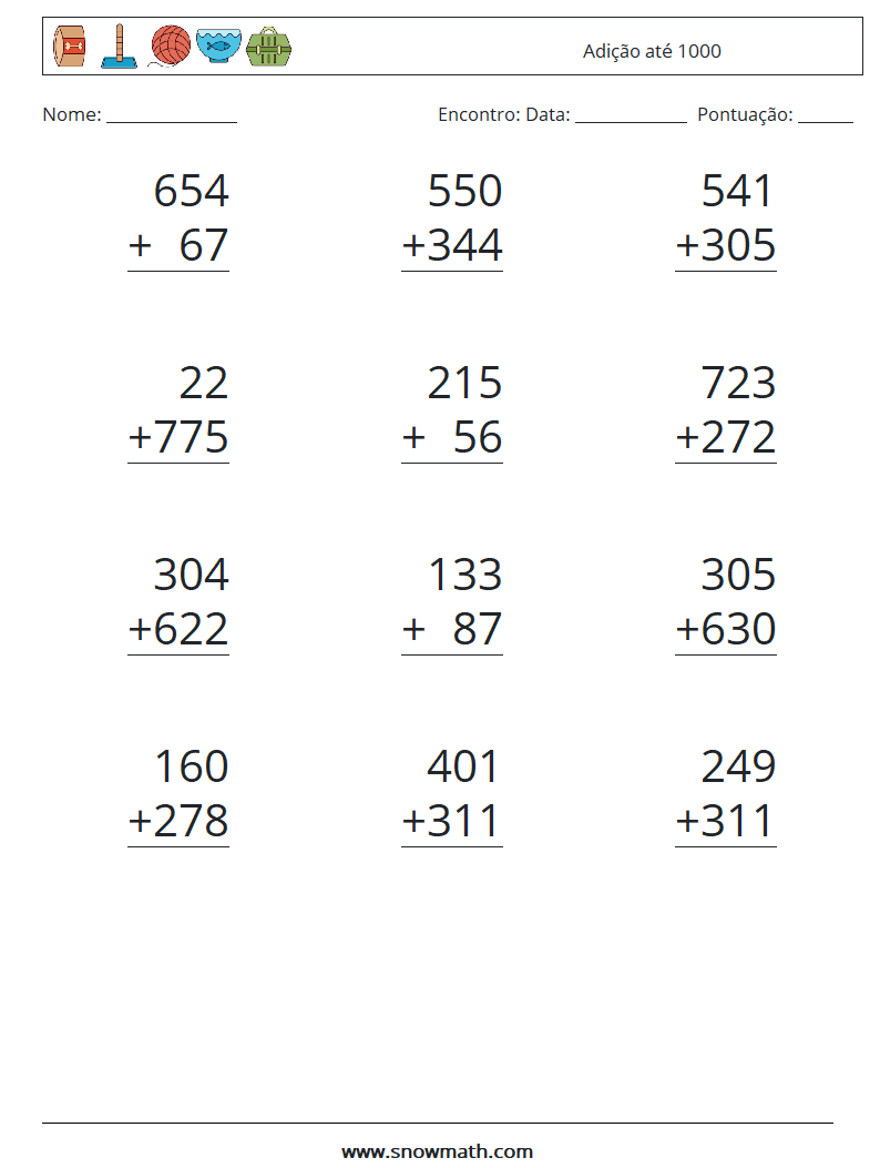 (12) Adição até 1000 planilhas matemáticas 10