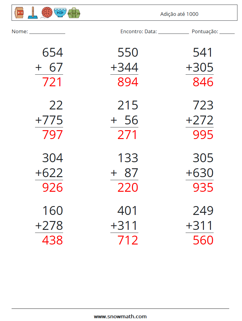 (12) Adição até 1000 planilhas matemáticas 10 Pergunta, Resposta