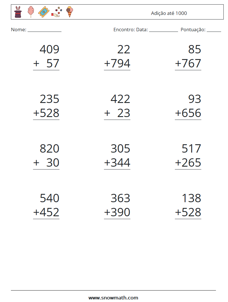 (12) Adição até 1000 planilhas matemáticas 11