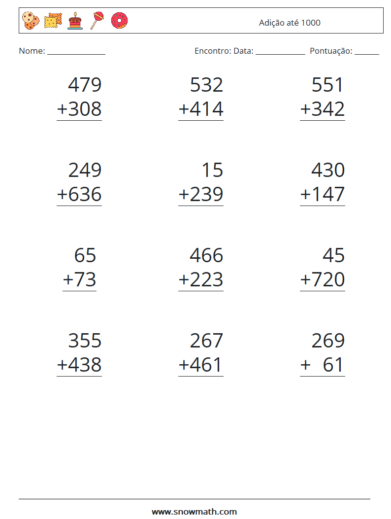 (12) Adição até 1000 planilhas matemáticas 12