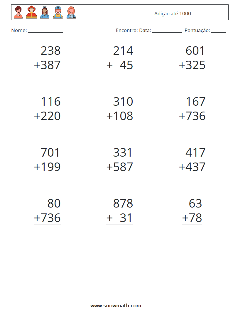 (12) Adição até 1000 planilhas matemáticas 13