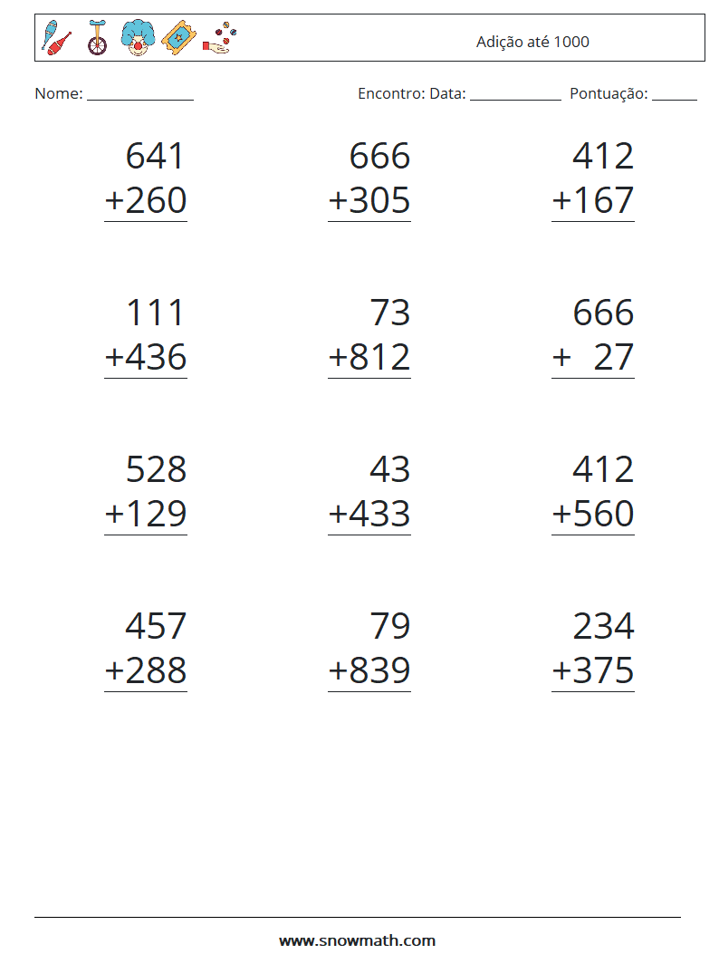 (12) Adição até 1000 planilhas matemáticas 14