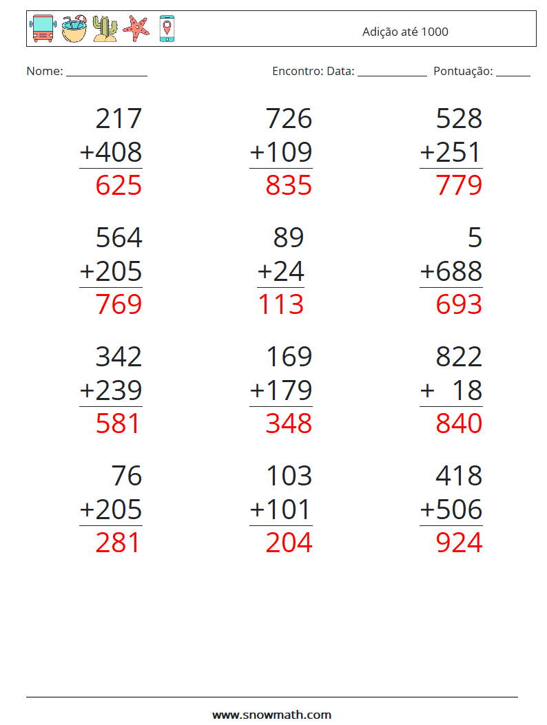 (12) Adição até 1000 planilhas matemáticas 15 Pergunta, Resposta