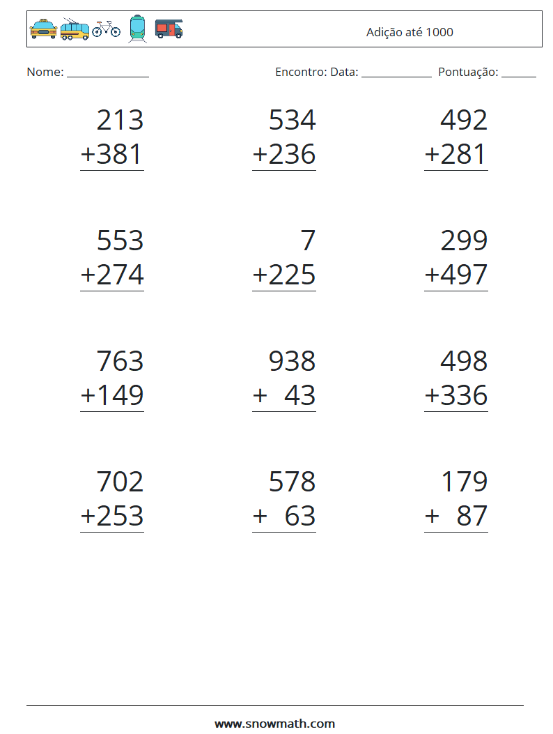 (12) Adição até 1000 planilhas matemáticas 16