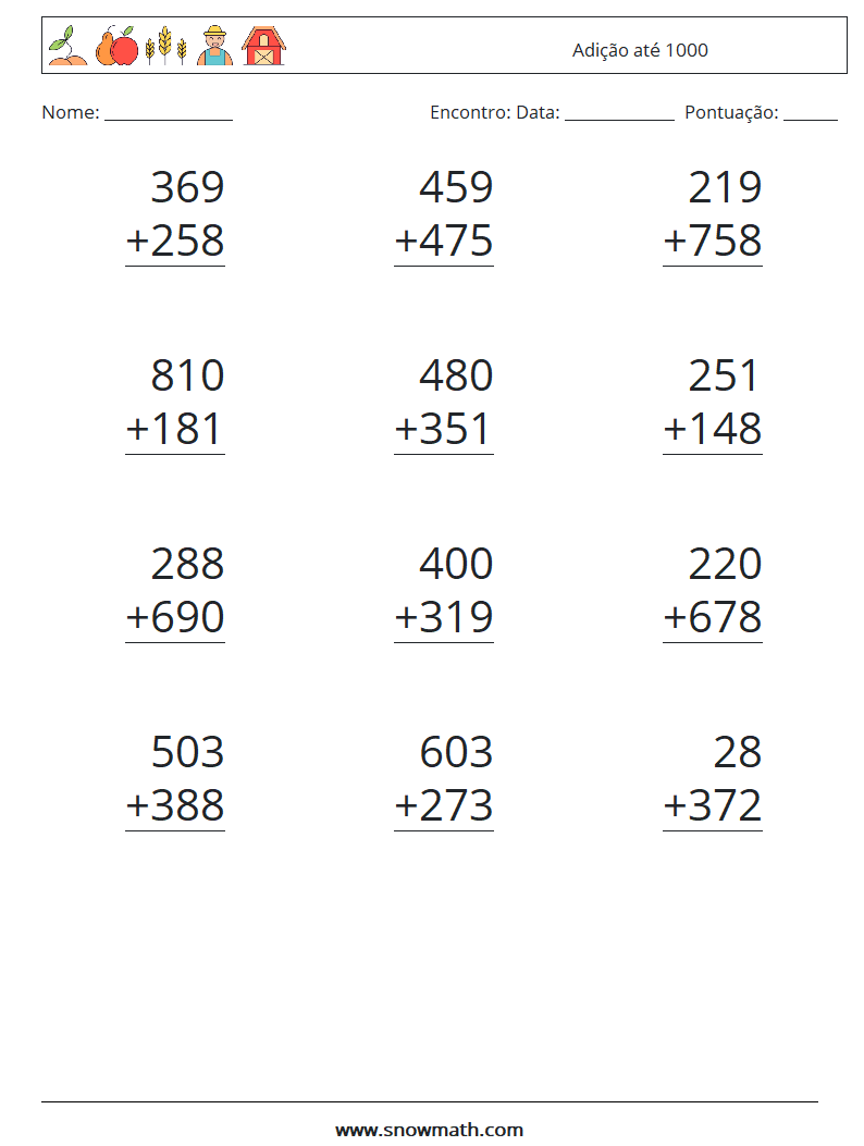 (12) Adição até 1000 planilhas matemáticas 17