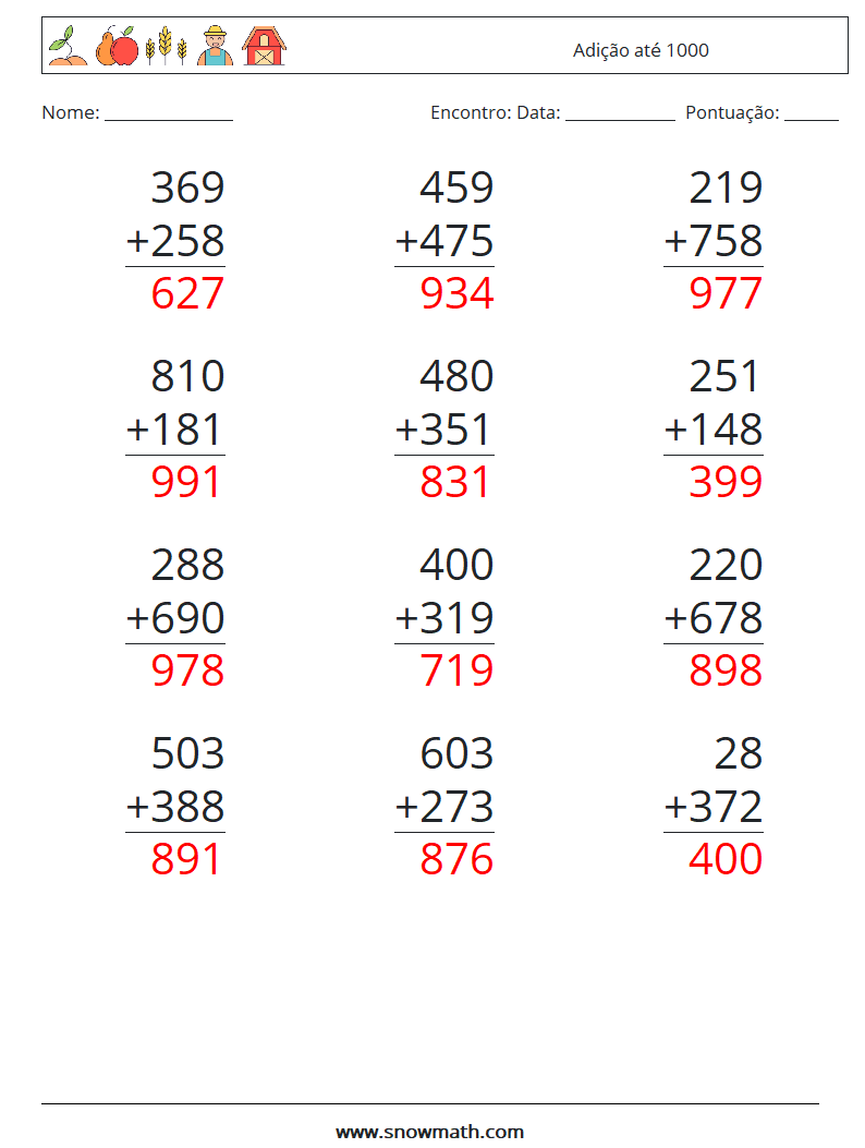 (12) Adição até 1000 planilhas matemáticas 17 Pergunta, Resposta