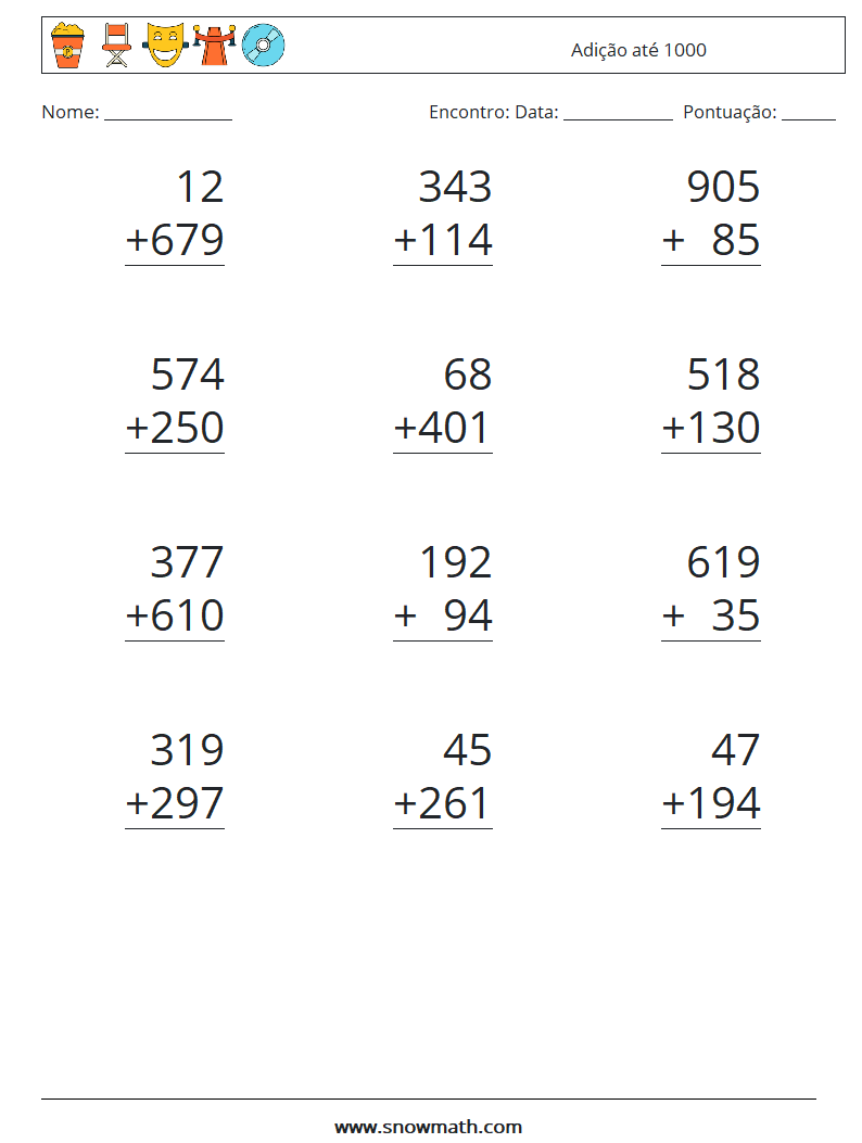 (12) Adição até 1000 planilhas matemáticas 18