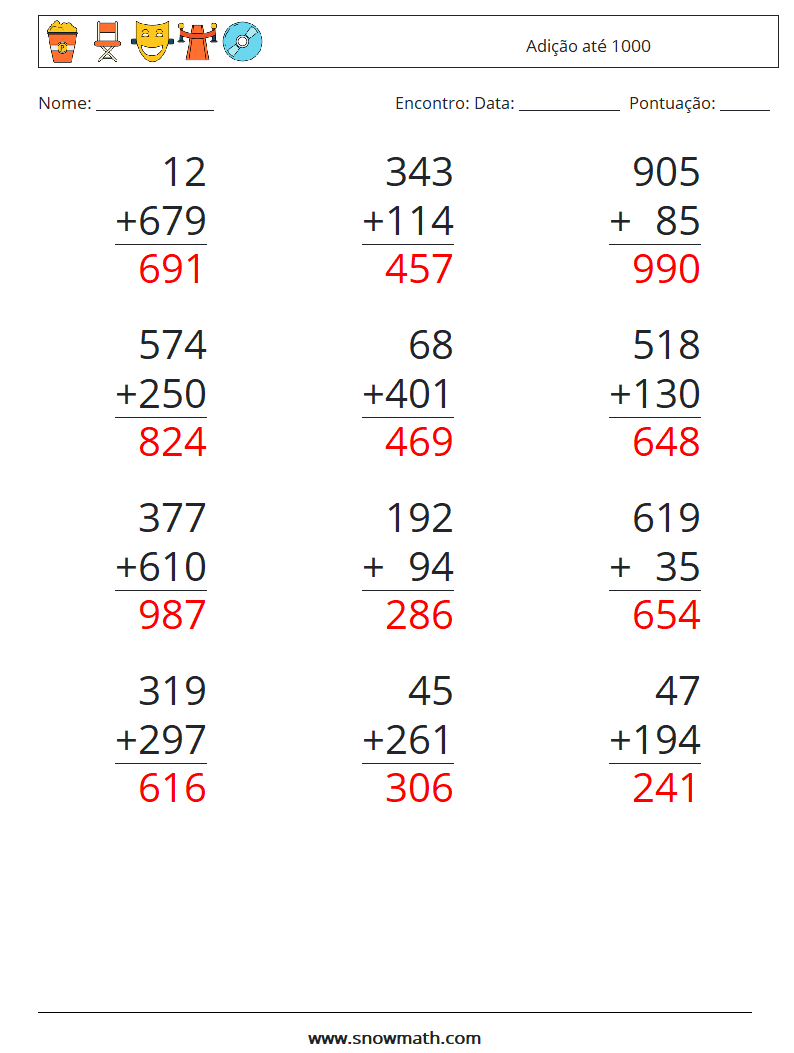 (12) Adição até 1000 planilhas matemáticas 18 Pergunta, Resposta