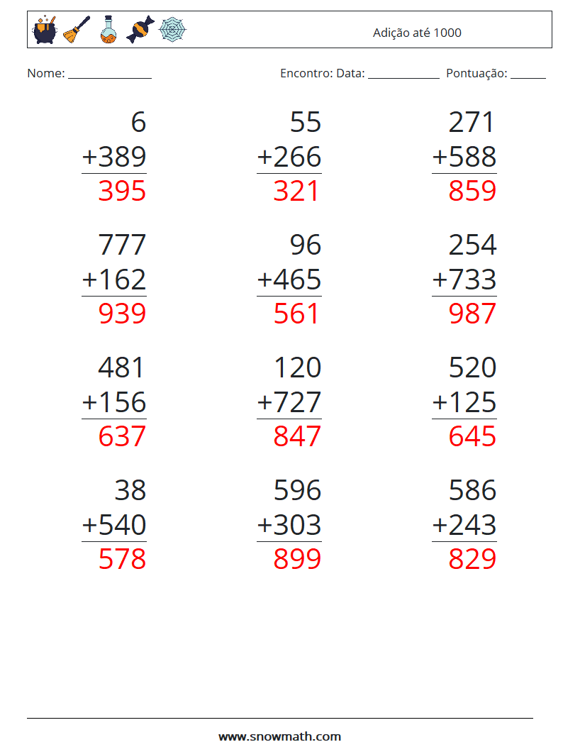 (12) Adição até 1000 planilhas matemáticas 1 Pergunta, Resposta