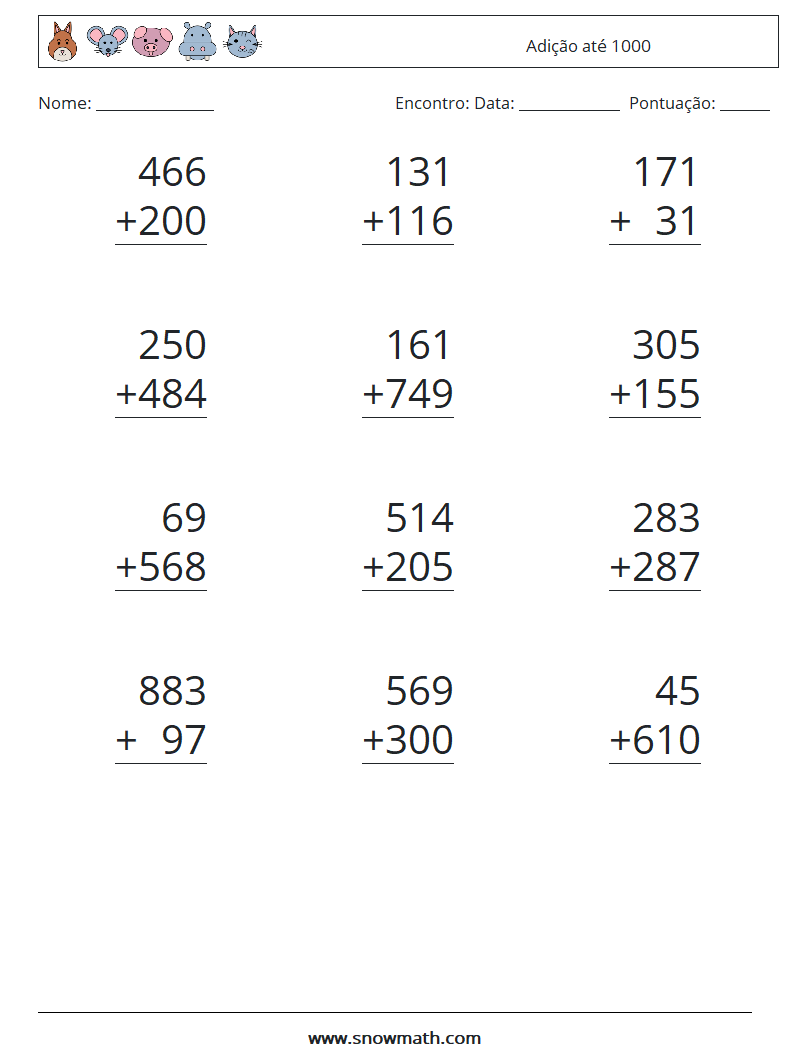 (12) Adição até 1000 planilhas matemáticas 2