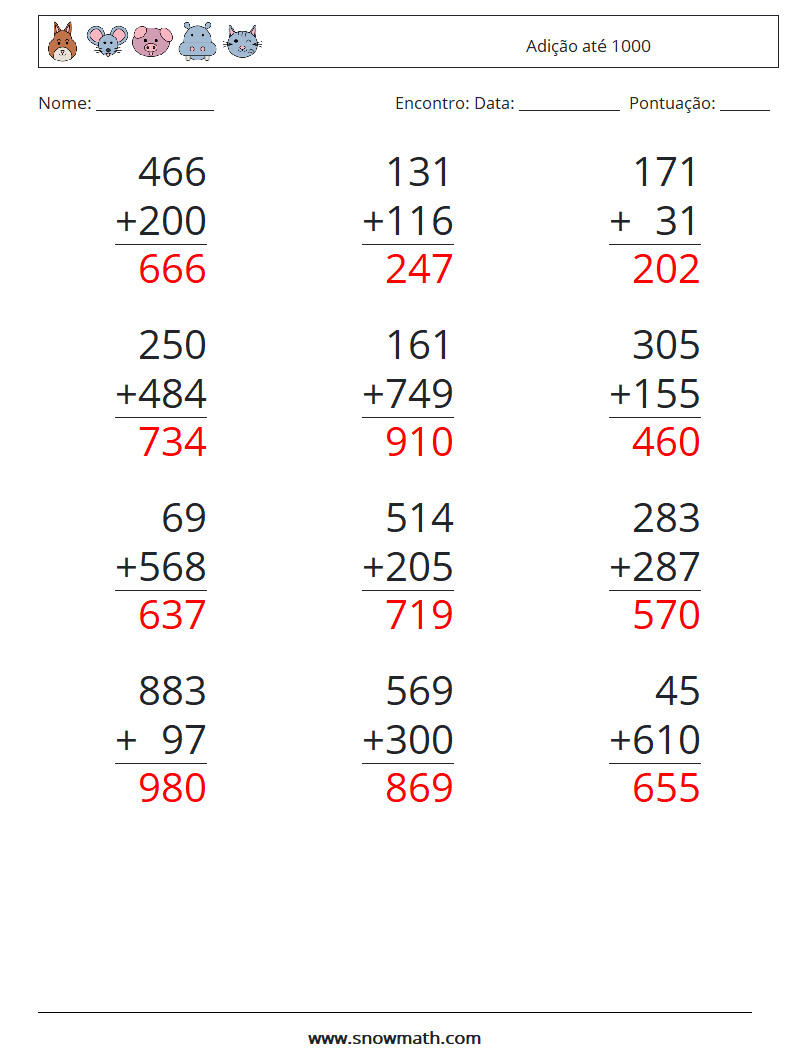 (12) Adição até 1000 planilhas matemáticas 2 Pergunta, Resposta