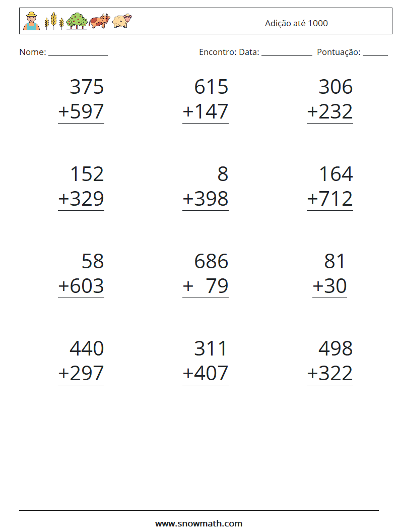 (12) Adição até 1000 planilhas matemáticas 3