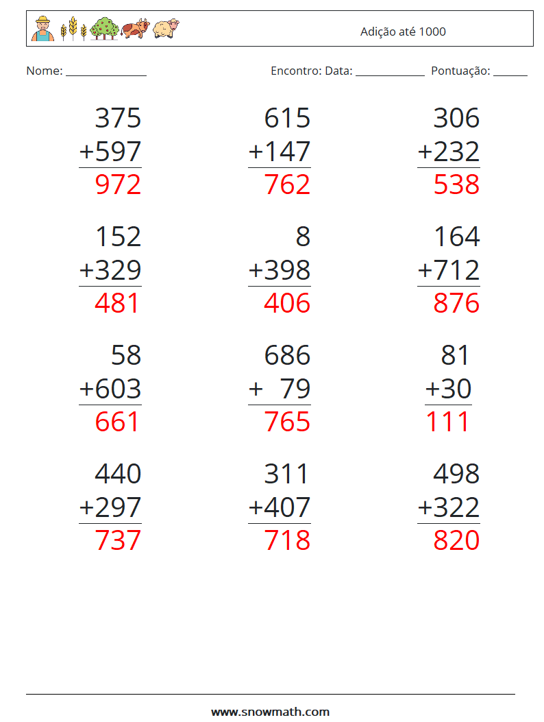 (12) Adição até 1000 planilhas matemáticas 3 Pergunta, Resposta