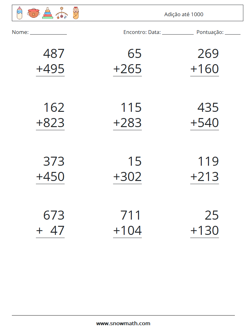 (12) Adição até 1000 planilhas matemáticas 4